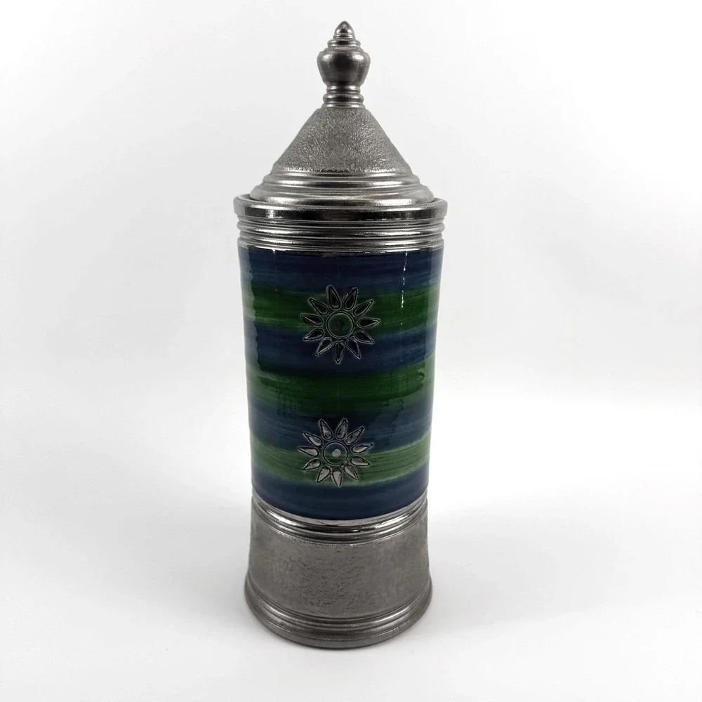 Bitossi Italy‎ Blue Green Sgraffito Sun Canister Jar with Lid HTF